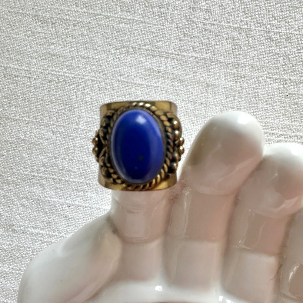 Vanessa Mooney Vintage Brass Ring with Oval Blue Stone Statement Adjustable Size